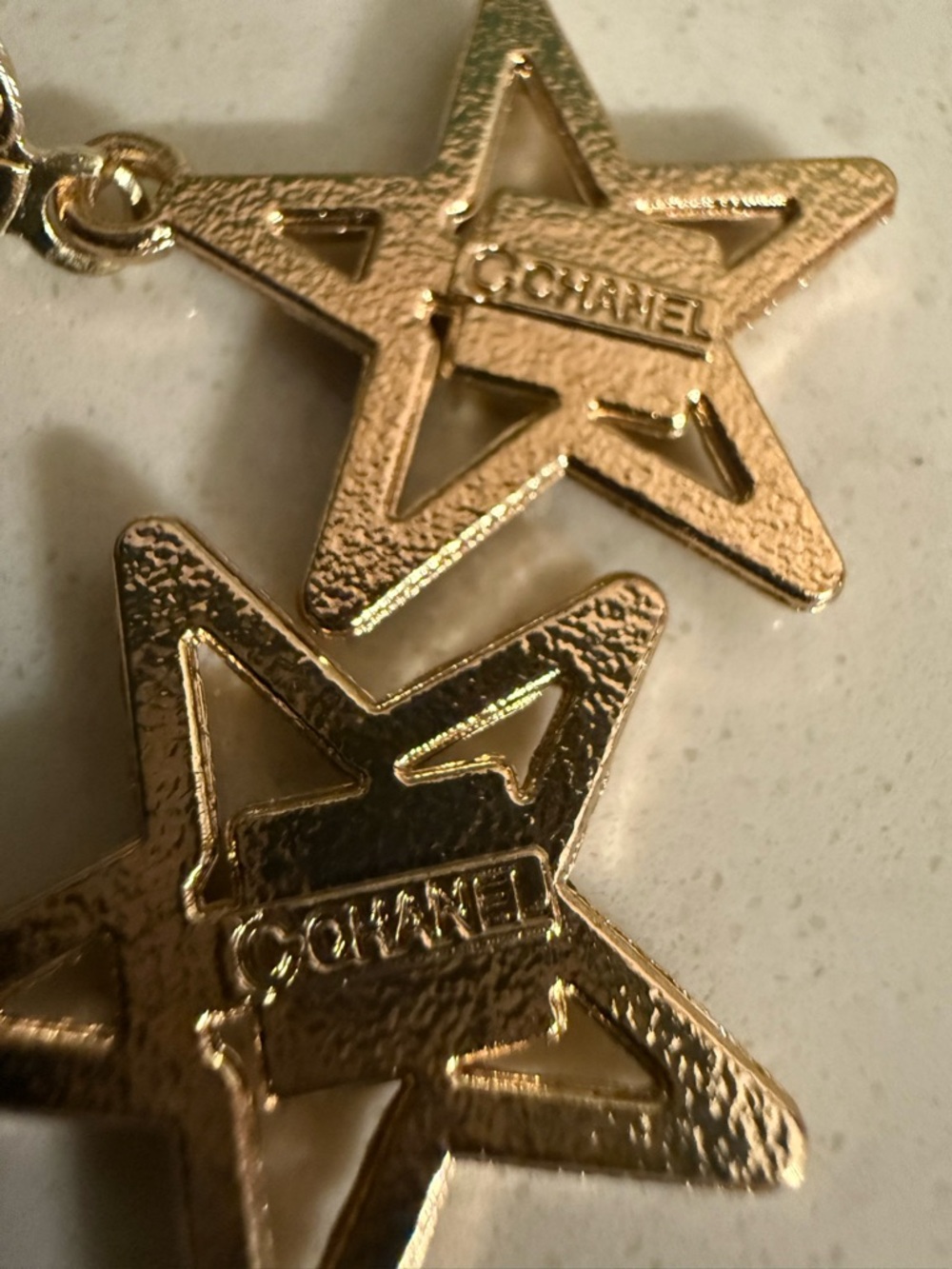 Chanel Stamped Zipper Gold Star Hoop Drop Earrings - Picture 2 of 3